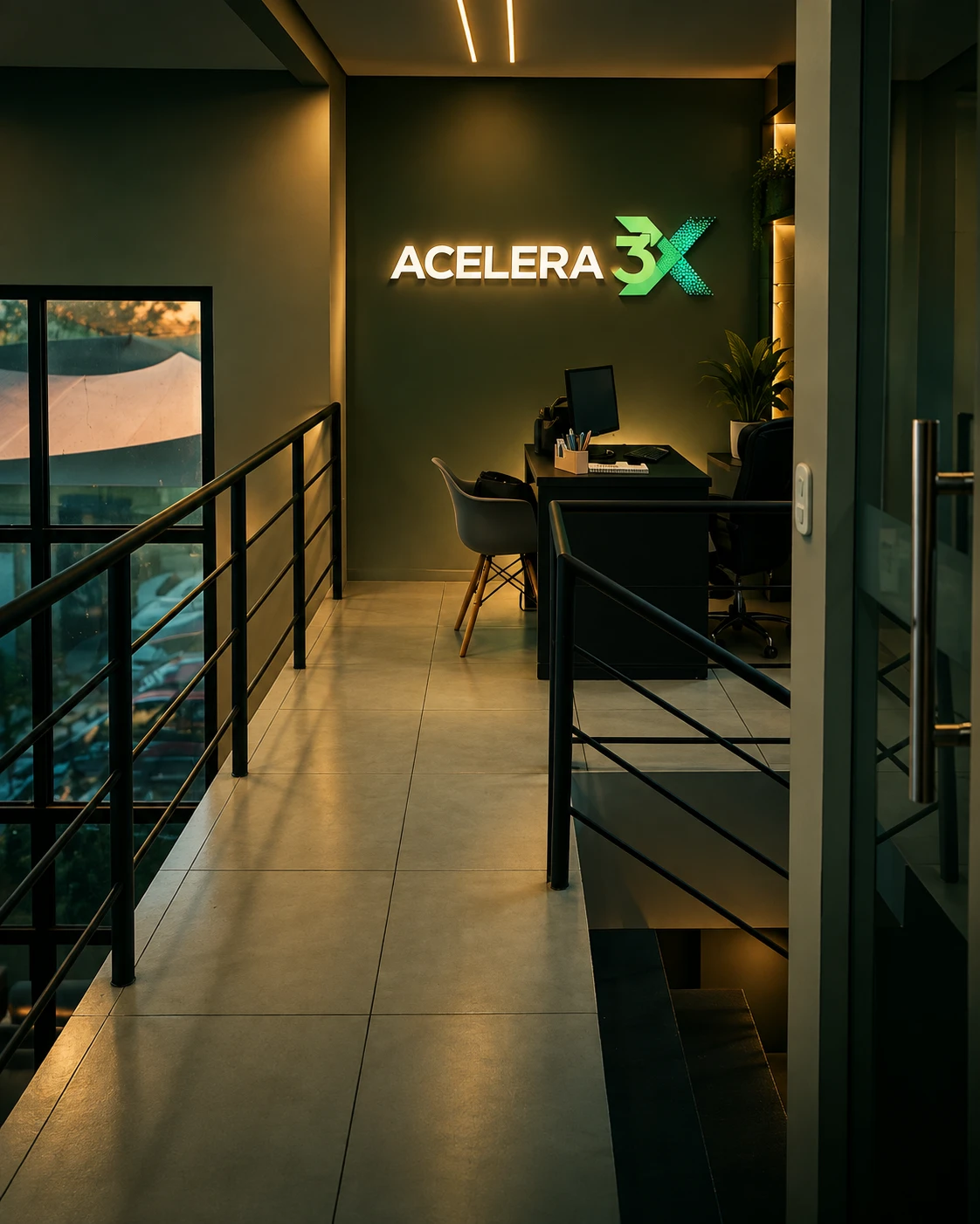 Recepção da Acelera 3X com o letreiro da marca
